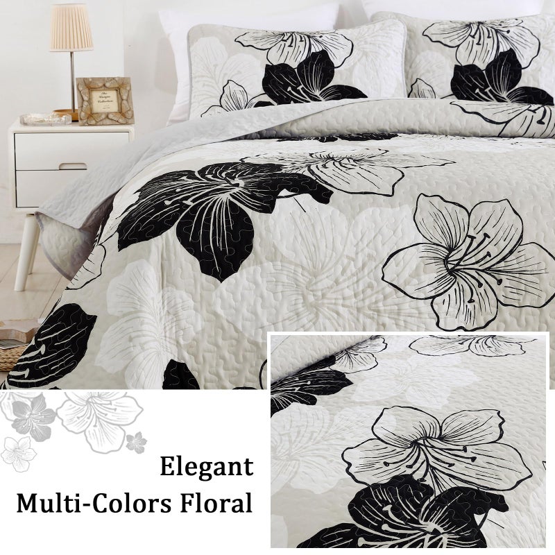 DJY Black White Quilt Set King 3 Pieces Floral Bedding Quilt Set Soft Botanical Bedspread with 2 Pillow Shams Lightweight Flower Quilt Coverlet Set for All Season 104''x 90'' - Image 3